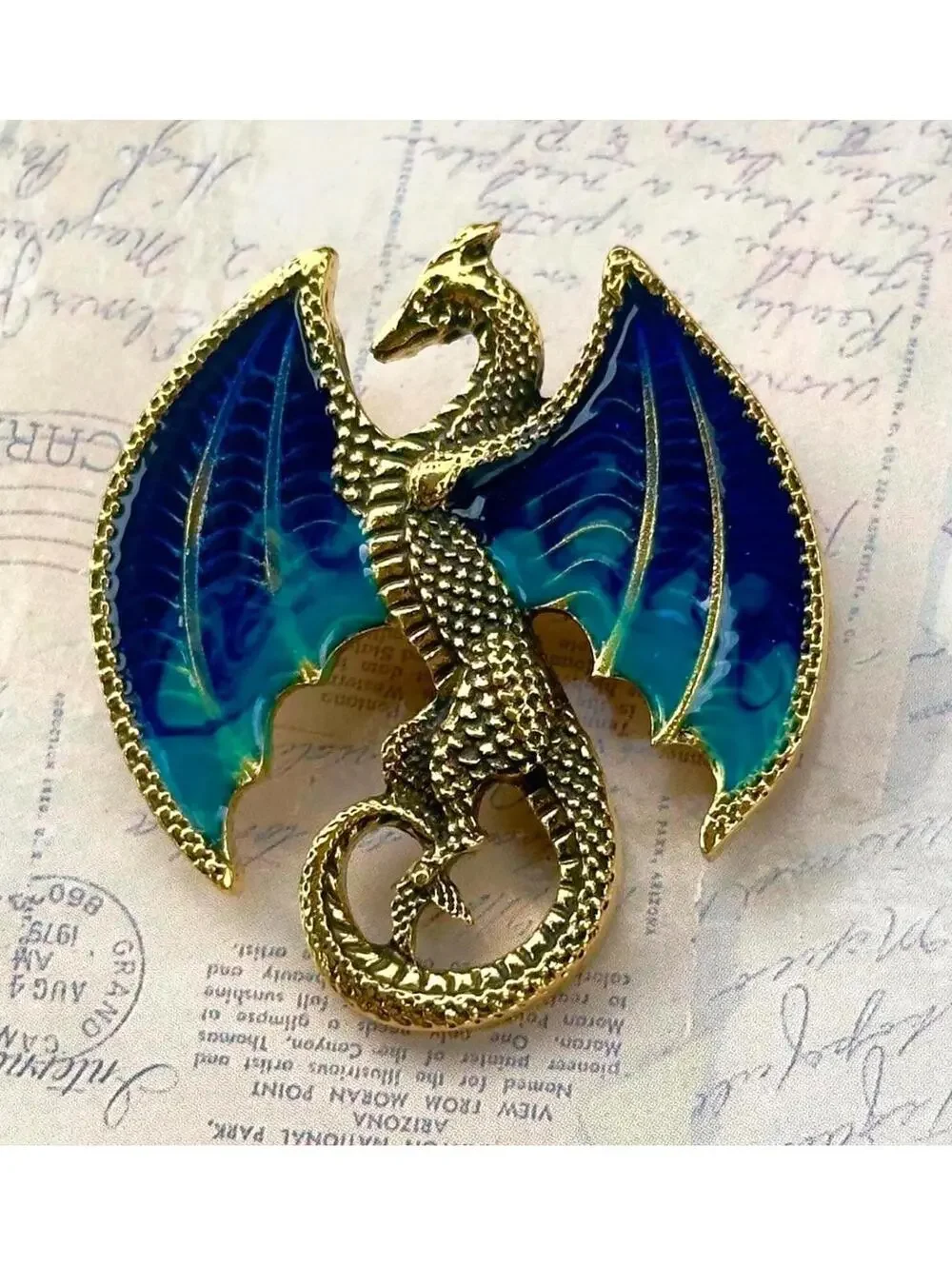 Vintage Dragon Brooch with Blue Enamel Wings Mythical Fantasy Pin